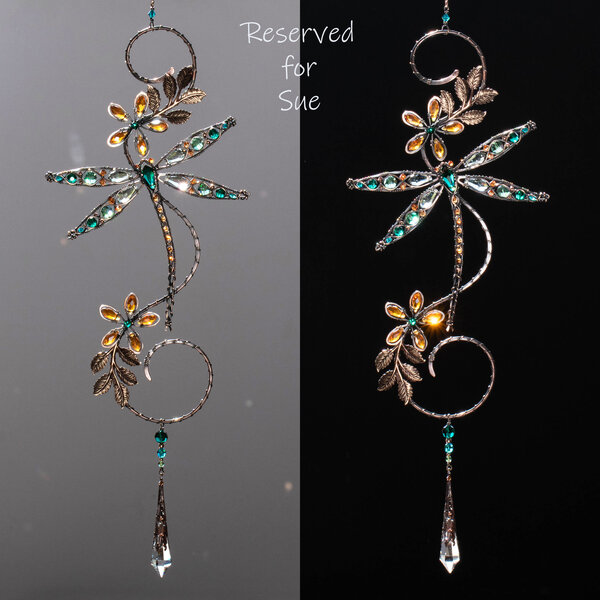 RESERVED FOR SUE BALANCE ....  DRAGONFLY ON A BRANCH WINDOW SUNCATCHER WITH SWAROVSKI CRYSTALS AND MIXED METALS