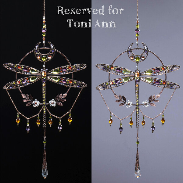 RESERVED FOR TONI ANN ....  LARGE DRAGONFLY MOON ... MIXED CRYSTAL WINDOW SUNCATCHER