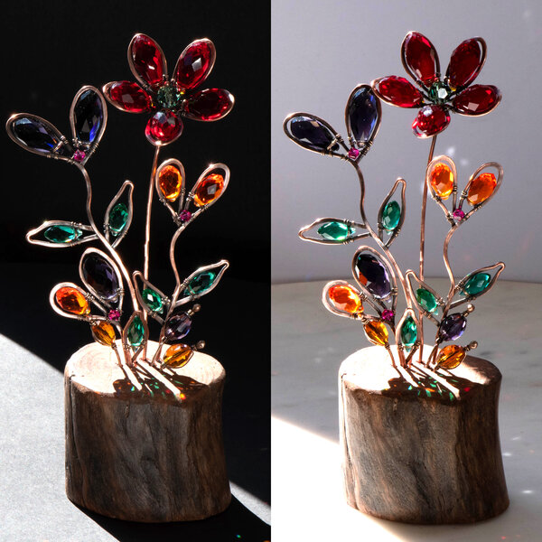 BOUQUET OF CRYSTAL FLOWERS ON A LOG  ... IKEBANA INSPIRED WINDOWSILL SUNCATCHER