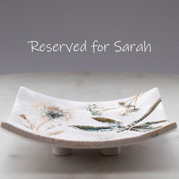 RESERVED FOR SARAH .... CURVED SQUARE RING DISH WITH A DRAGONFLY, DANDELIONS & DAISY