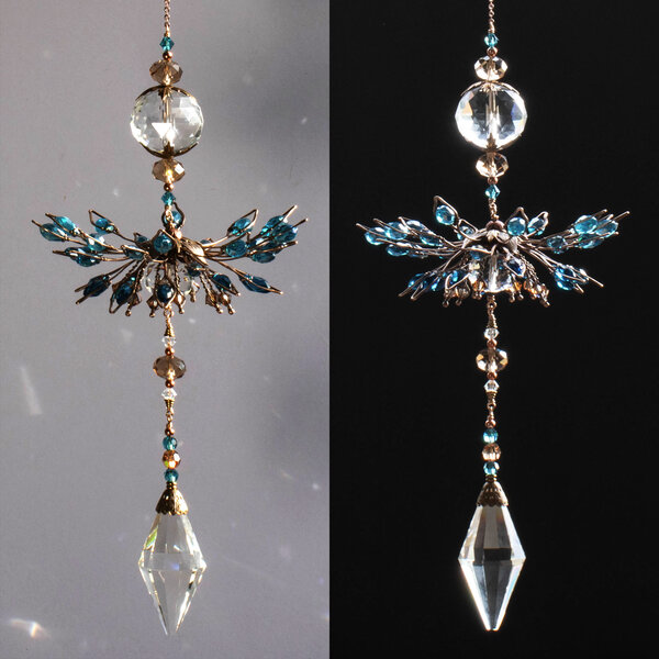 BLUE NIGELLA "LOVE IN THE MIST" FLOWER CHANDELIER STYLE LONG CRYSTAL SUNCATCHER IN BRONZE