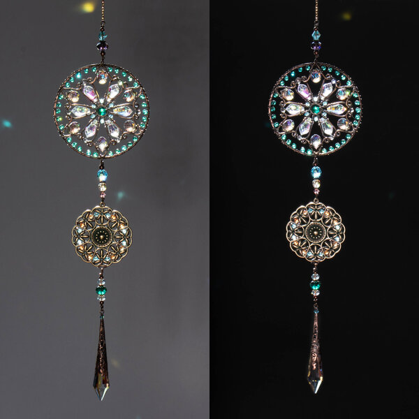 MANDALA MIXED CRYSTAL WINDOW SUNCATCHER IN BRONZE WITH A VINTAJ MEDALLION
