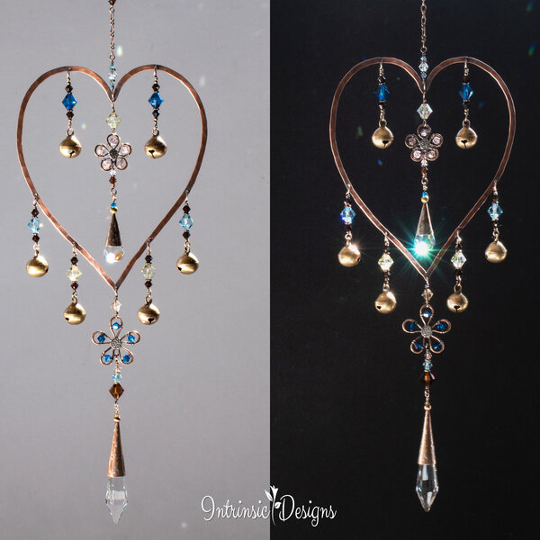 HEART WINDCHIME SUNCATCHER WITH SWAROVSKI CRYSTALS IN COPPER AND BRONZE