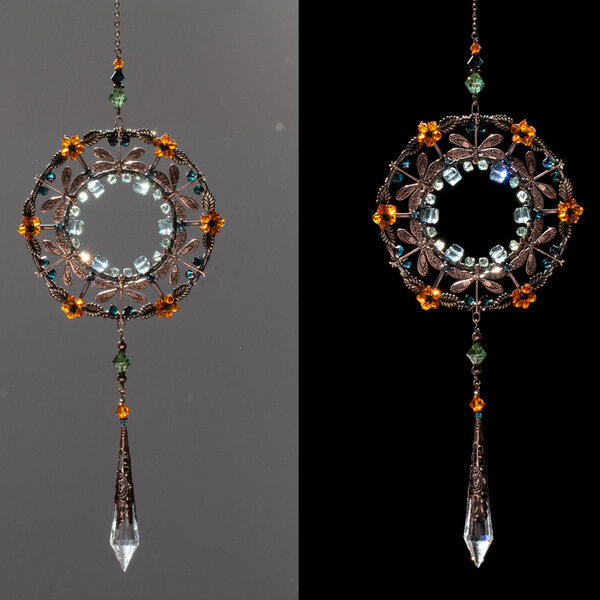 DRAGONFLY MANDALA SWAROVSKI CRYSTAL WINDOW SUNCATCHER IN MIXED METALS