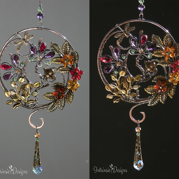DRAGONFLY AND BEE SWAROVSKI CRYSTAL WINDOW SUNCATCHER IN MIXED METALS