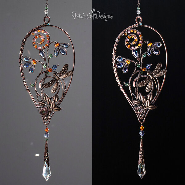 TEARDROP DRAGONFLY FLORAL SWAROVSKI CRYSTAL WINDOW SUNCATCHER IN MIXED METALS