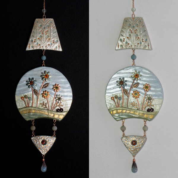 FLORAL LANDSCAPE CLAY WALL HANGING WITH MIXED GEMSTONES AND METALS