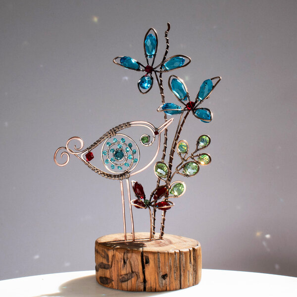 CRYSTAL FLOWERS AND A WHIMSICAL BIRD ON A WOOD SLICE * WINDOWSILL SUNCATCHER 