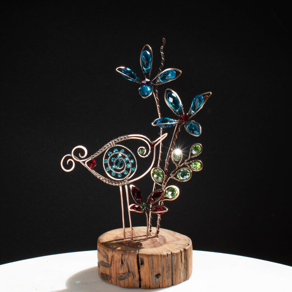 CRYSTAL FLOWERS AND A WHIMSICAL BIRD ON A WOOD SLICE * WINDOWSILL SUNCATCHER 