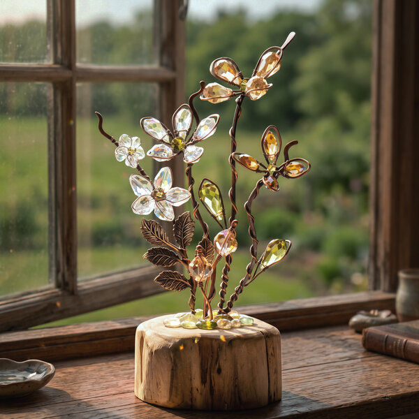 BOUQUET OF CRYSTAL FLOWERS ON A WOOD SLICE * WINDOWSILL SUNCATCHER * IKEBANA STYLE